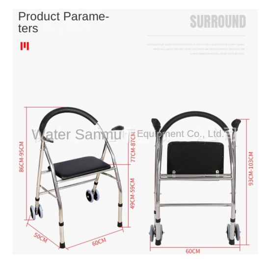 The elderly disabled walker assisted walking Stainless steel quadrangular trolley U-shaped back wheeled cart portable folding