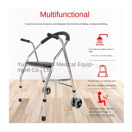 The elderly disabled walker assisted walking Stainless steel quadrangular trolley U-shaped back wheeled cart portable folding