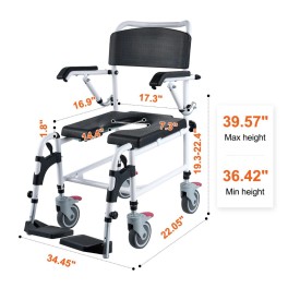 VEVOR Commode Wheelchair with 4 Locking Wheels, Footrest, Folding Arms, Adjustable Height, 3 Levels, 5L Removable Bucket, 350 lbs Capacity for Adults and Seniors