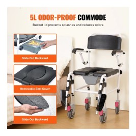 VEVOR Commode Wheelchair with 4 Locking Wheels, Footrest, Folding Arms, Adjustable Height, 3 Levels, 5L Removable Bucket, 350 lbs Capacity for Adults and Seniors