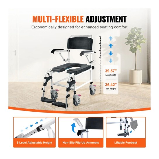 VEVOR Commode Wheelchair with 4 Locking Wheels, Footrest, Folding Arms, Adjustable Height, 3 Levels, 5L Removable Bucket, 350 lbs Capacity for Adults and Seniors
