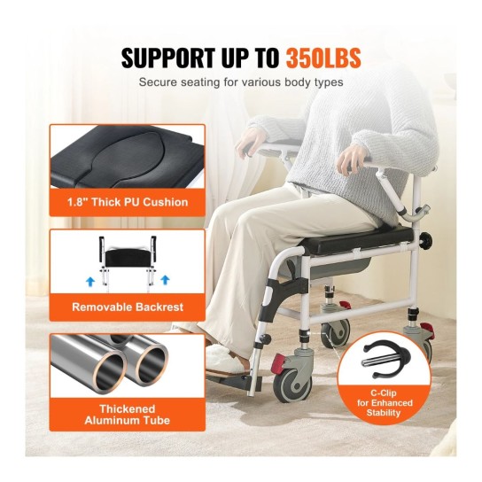 VEVOR Commode Wheelchair with 4 Locking Wheels, Footrest, Folding Arms, Adjustable Height, 3 Levels, 5L Removable Bucket, 350 lbs Capacity for Adults and Seniors