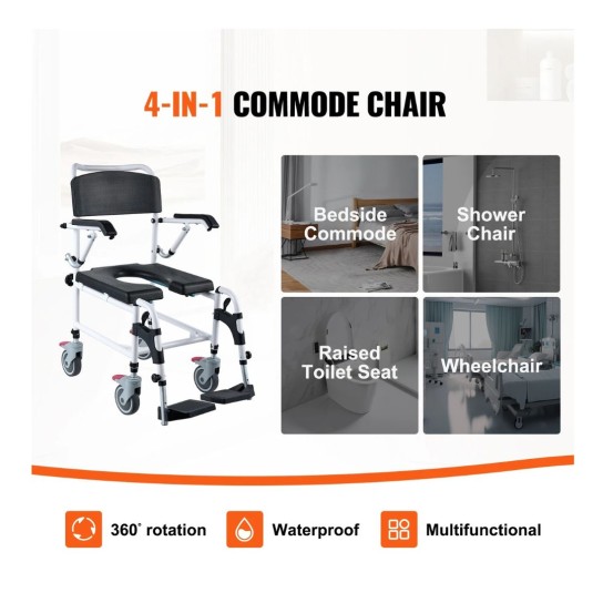 VEVOR Commode Wheelchair with 4 Locking Wheels, Footrest, Folding Arms, Adjustable Height, 3 Levels, 5L Removable Bucket, 350 lbs Capacity for Adults and Seniors